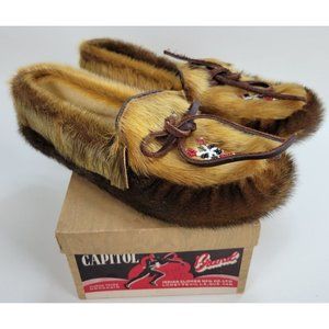 Vintage 1950s Capitol Indian Slipper Huron Tribe Moccasin Fur Beaded w. Box sz 5